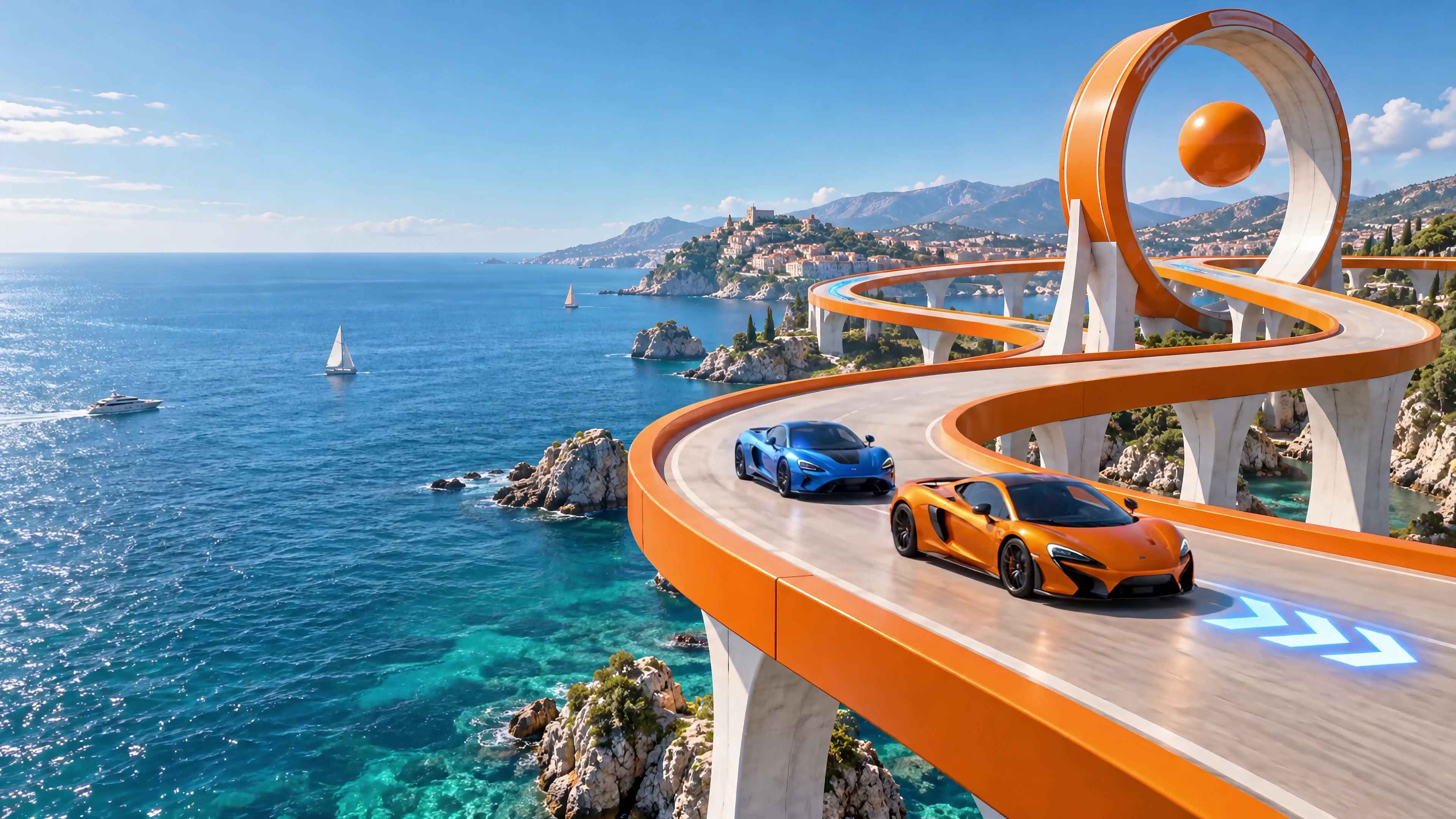 Blue and orange sports cars on a looping coastal circuit above the Mediterranean Sea.